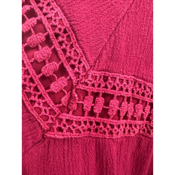 John Paul Richard Tiered Flowy Peasant Top Burgundy Wine Color Crochet Trim L - Picture 3 of 7